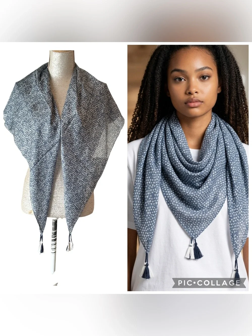 Pom Pom at Home Navy White Silk Geo Print Tassel Square Scarf Wrap 40” OS